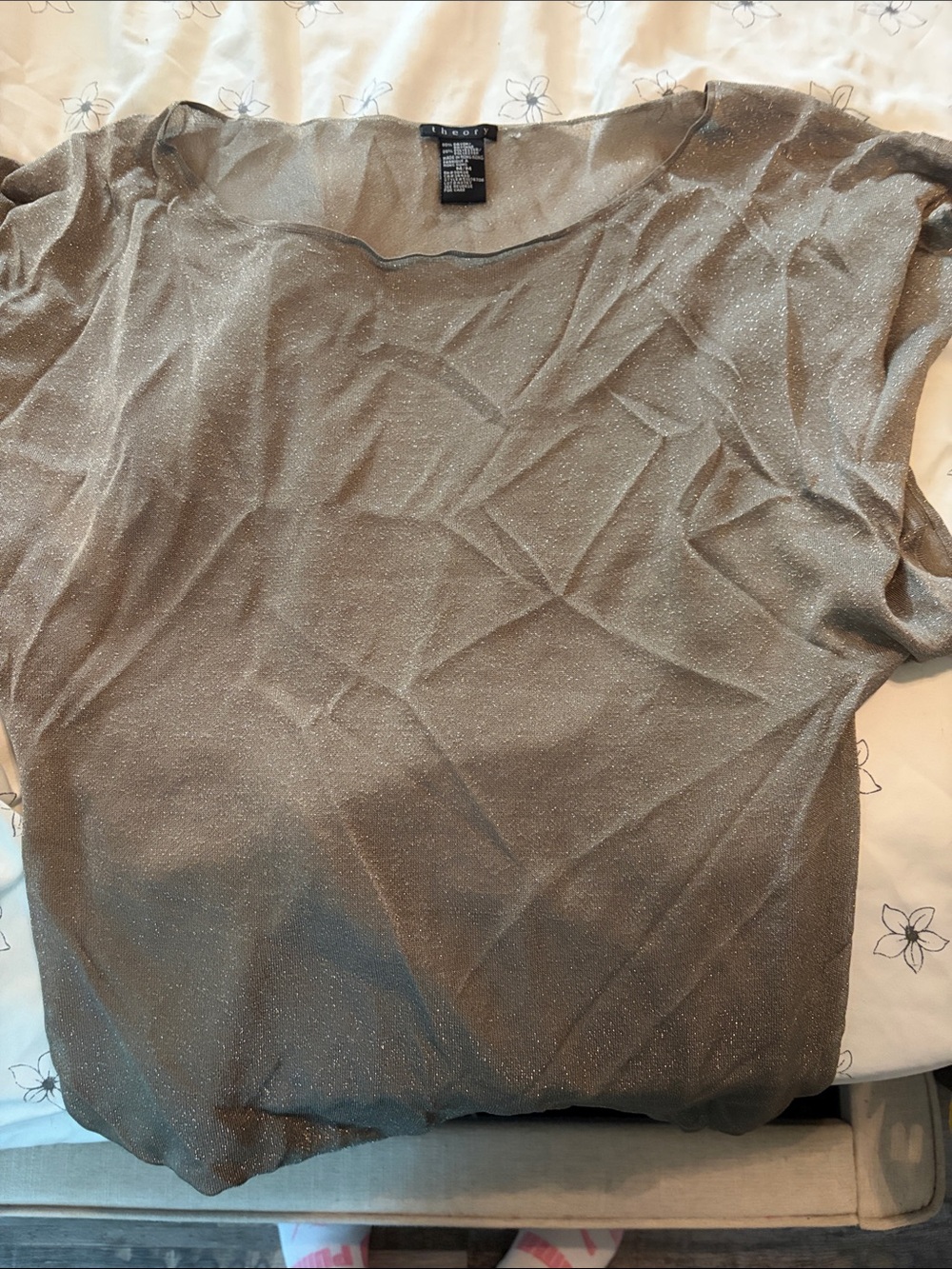 Theory Metallic Short Sleeve Knit Top in Taupe